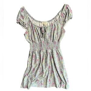 No Comment Mini Dress Floral Blue Womens Medium Short Elastic Off Shoulder